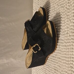 Atalina Black Laser Cut Faux Leather Wedge Sandal size 7
